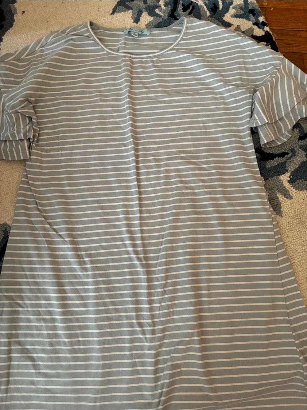 Striped Short Sleeve Tee Dress in Light Blue and White